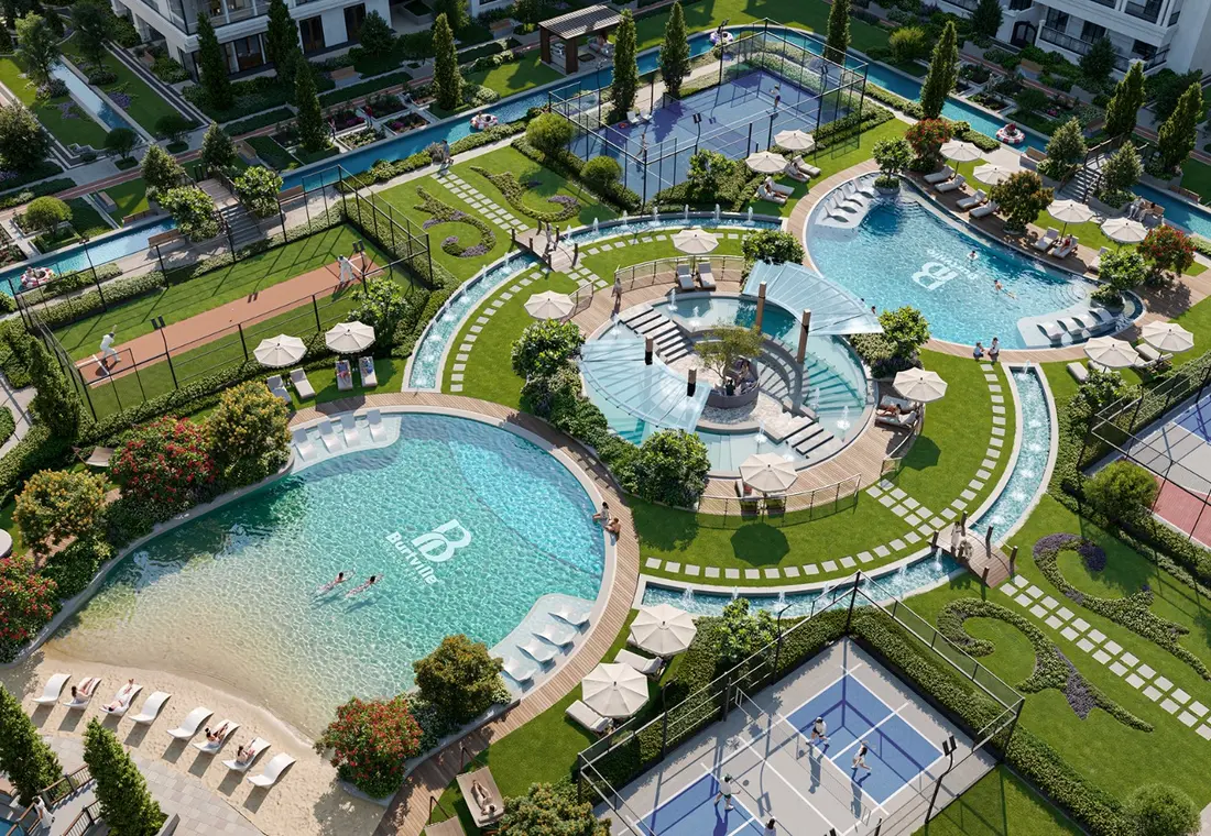 Landscaped gardens and pool deck
