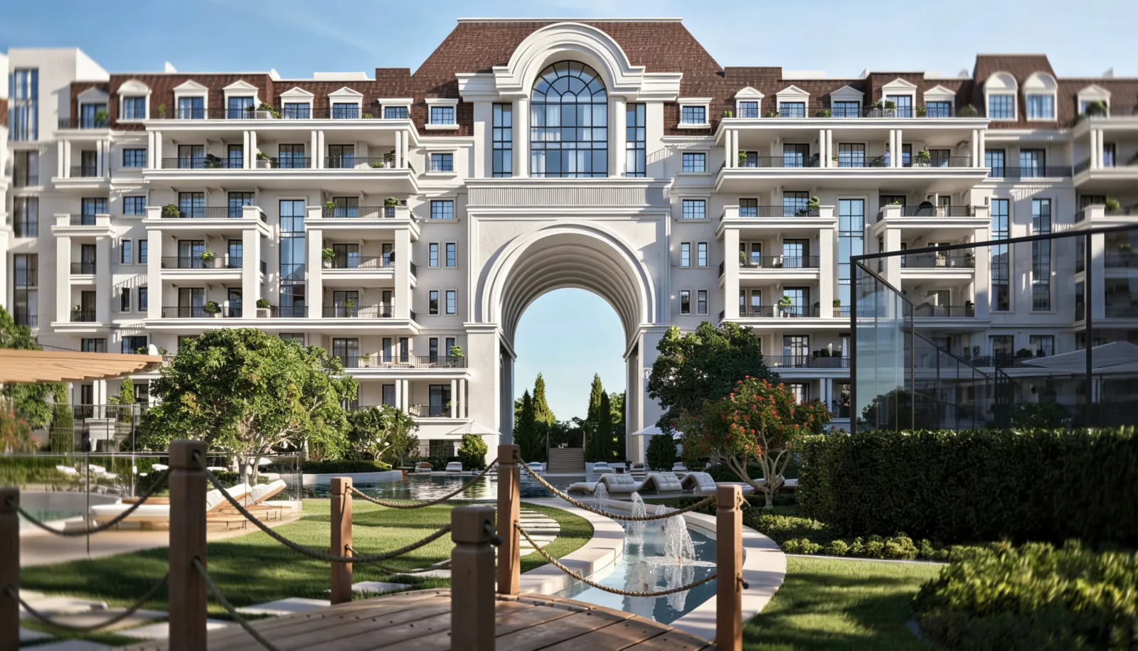 Landscaped gardens and pool deck
