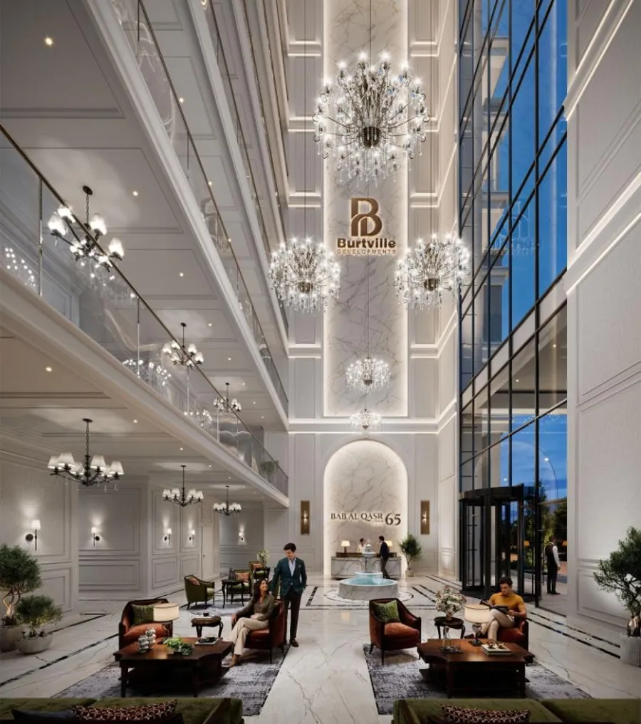 Double-height marble lobby