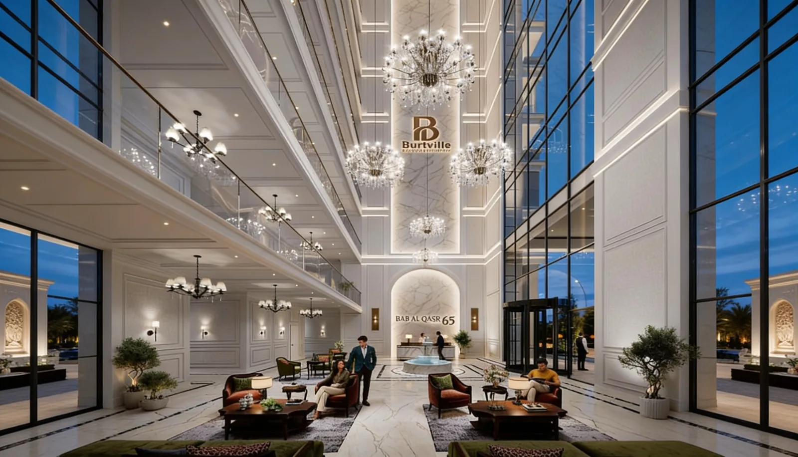 Double-height marble lobby